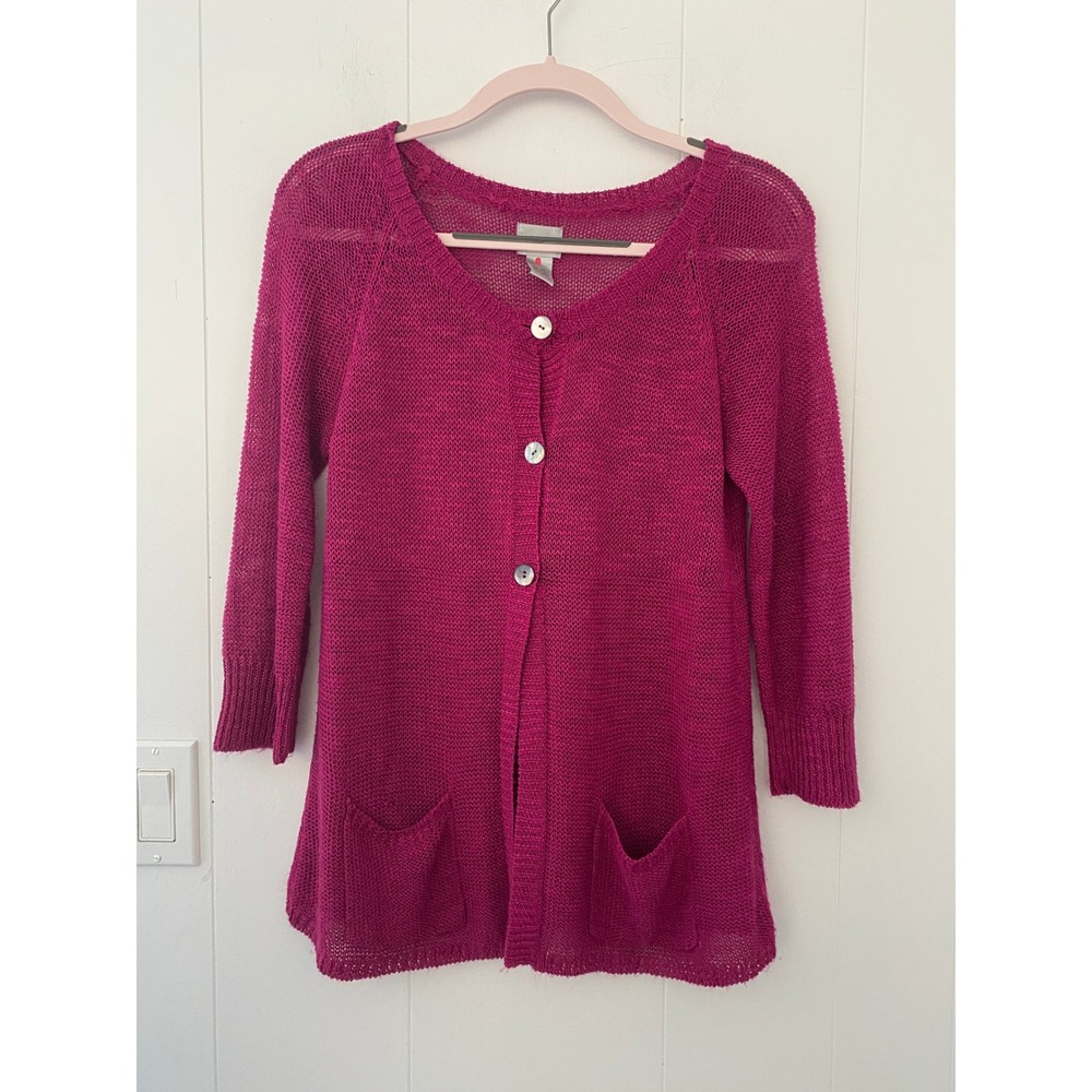 Chicos Linen Blend Knit Open Front Cardigan Tunic Pink Size 1‎